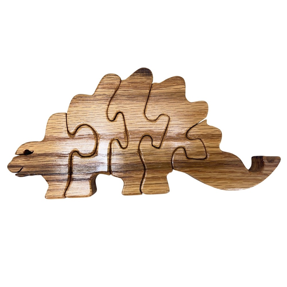 Handmade Brown Wood Dinosaur Puzzle OS Vintage 90s Stegosaurus 5 Piece